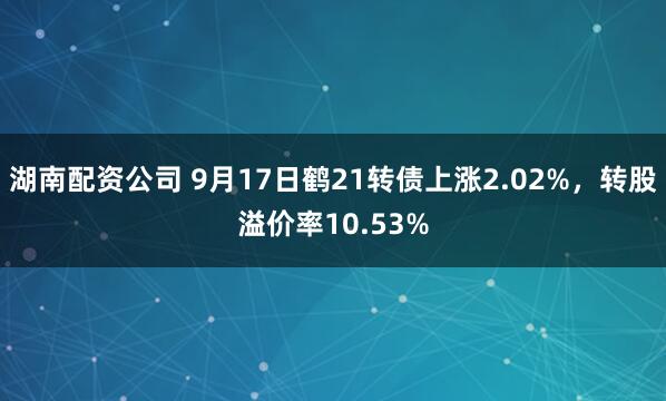 湖南配资公司 9月17日鹤21转债上涨2.02%，转股溢价率10.53%